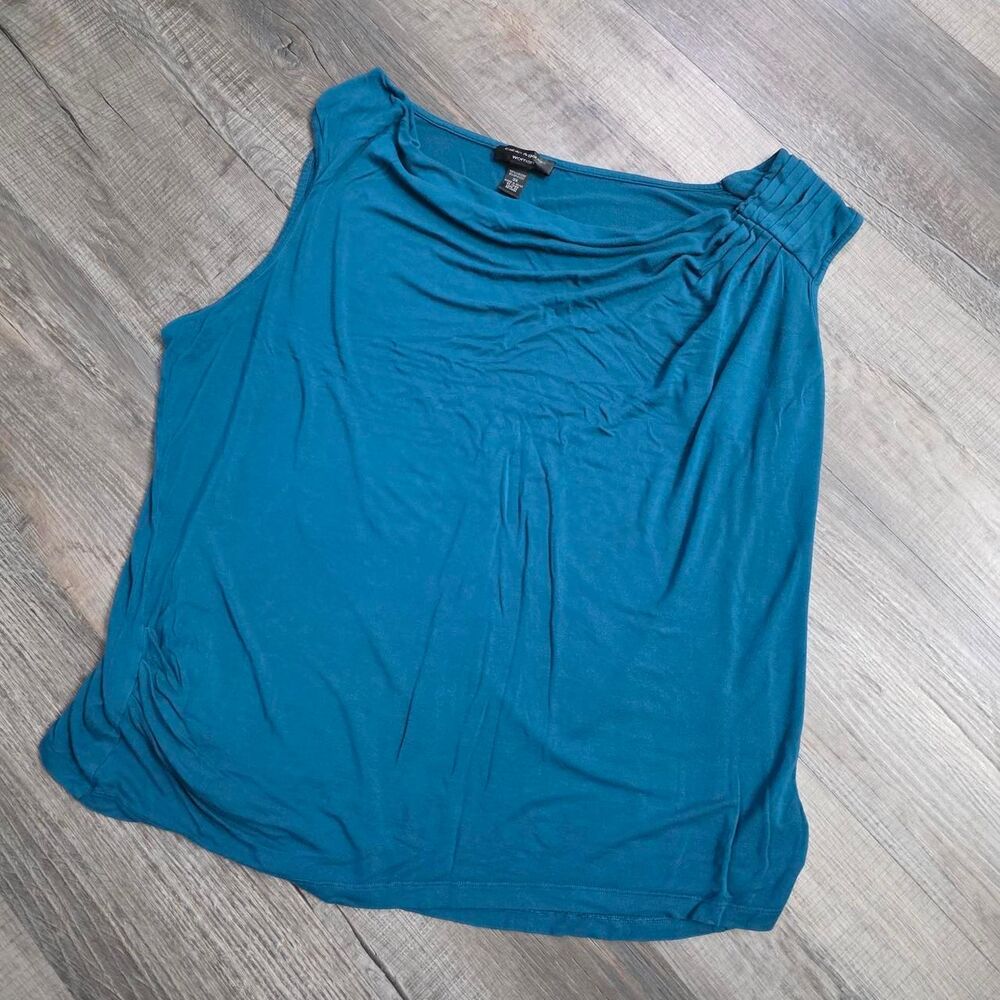 Cable Gauge Women 3X Plus Turquoise Blue Cowl Neck Sleeveless Draped Pleated Top